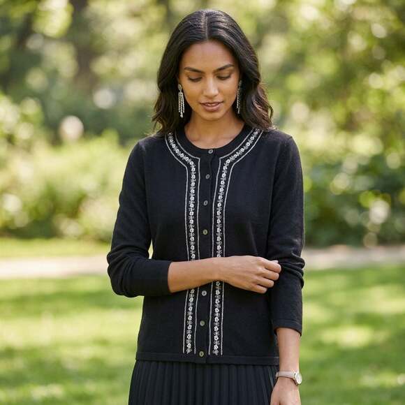 Talbots Sweaters - Talbots Black 100% Cotton Cardigan Sweater with Sequin and Bead Trim